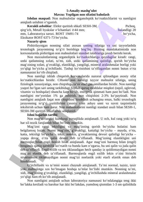 Yopilgan non sifatini baholash amaliy mashg‘uloti