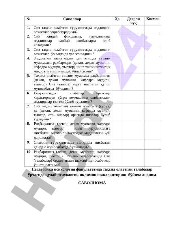Talabalarda psixologik iqlimni shakllantirish soruvi