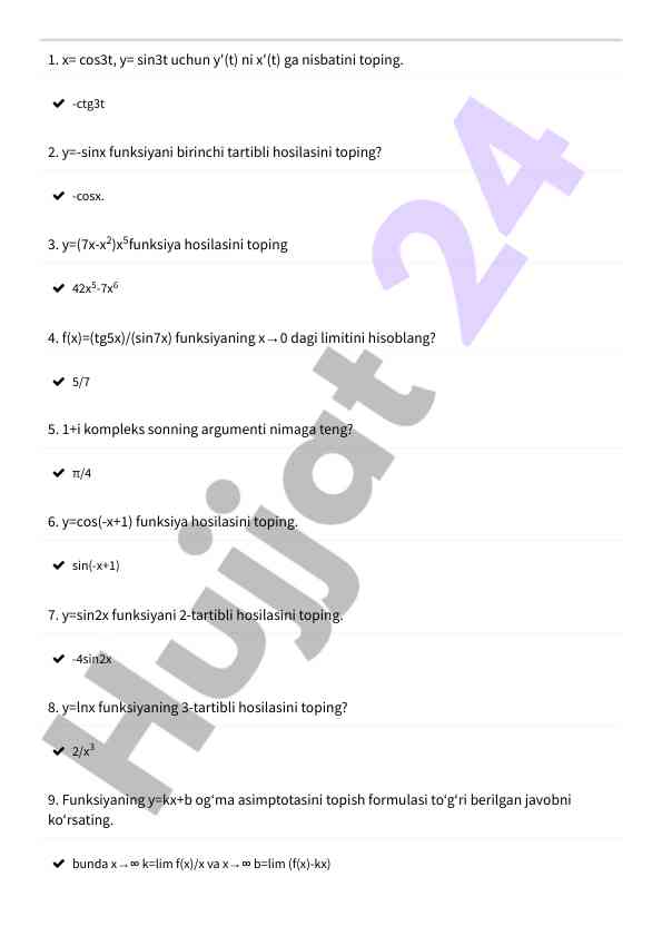 Matematik funksiyalar va hosilalari test savollari