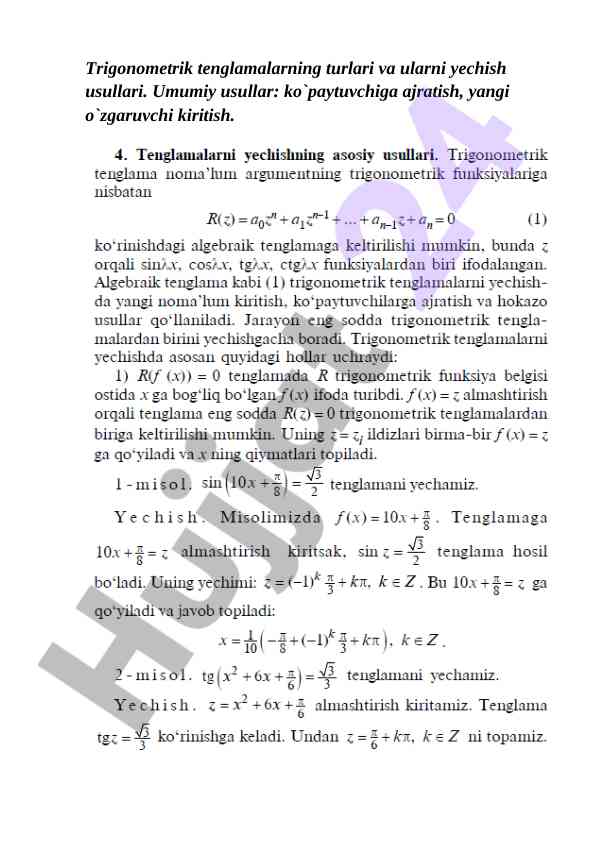 Trigonometrik tenglamalar va ularni yechish usullari