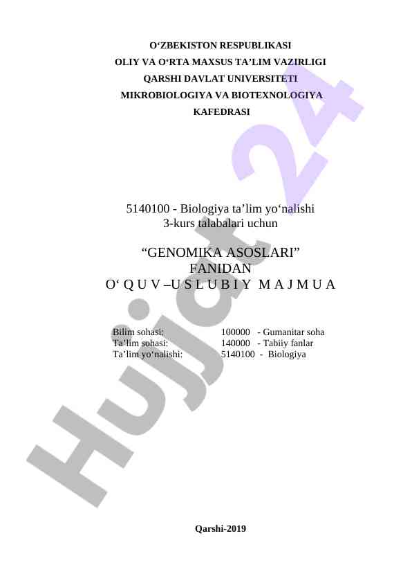Genomika asoslari fanidan o‘quv-uslubiy majmua