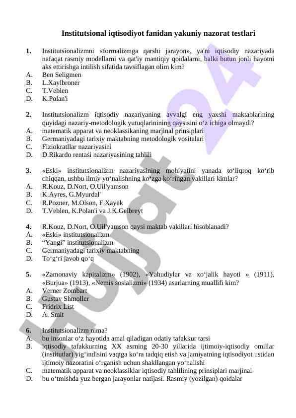 Institutsional iqtisodiyot fanidan nazorat testlari