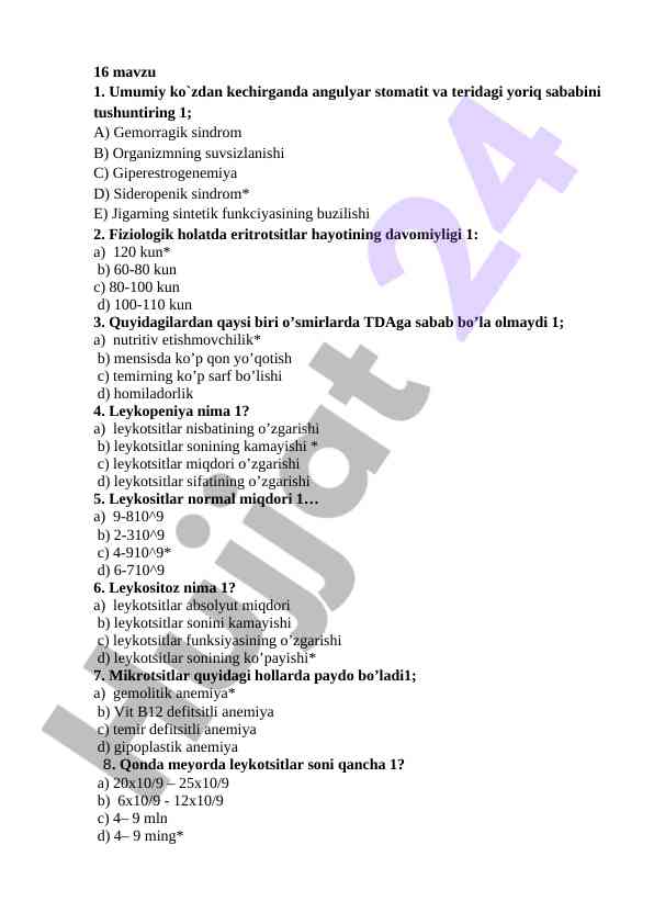 Tibbiyot fiziologiyasi test savollari