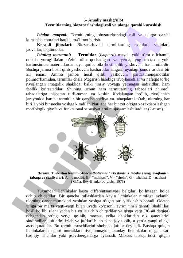 Termitlarning biozararlashdagi roli va qarshi kurashish usullari