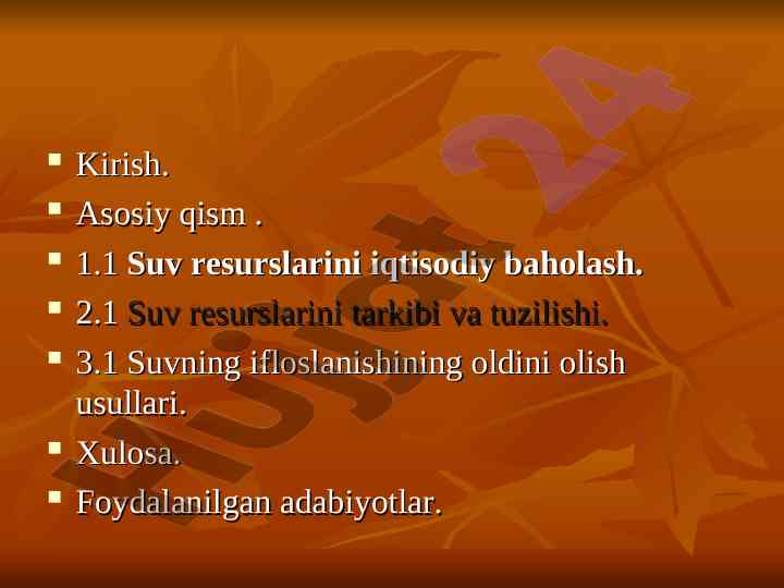 Suv resurslarini iqtisodiy baholash va foydalanish