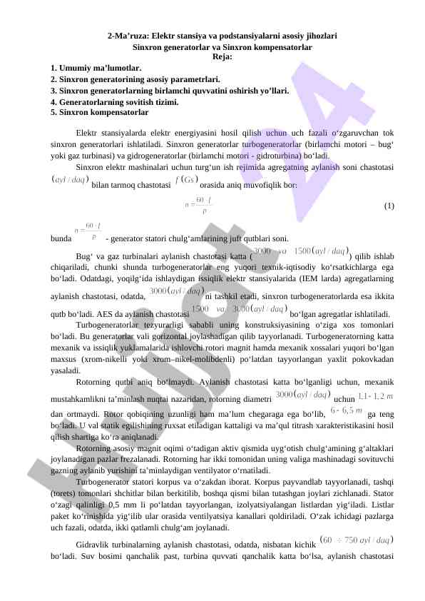 Elektr stansiyalar va podstansiyalar asosiy jihozlari