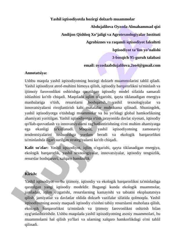 Yashil iqtisodiyotda dolzarb muammolarni tahlil qilish