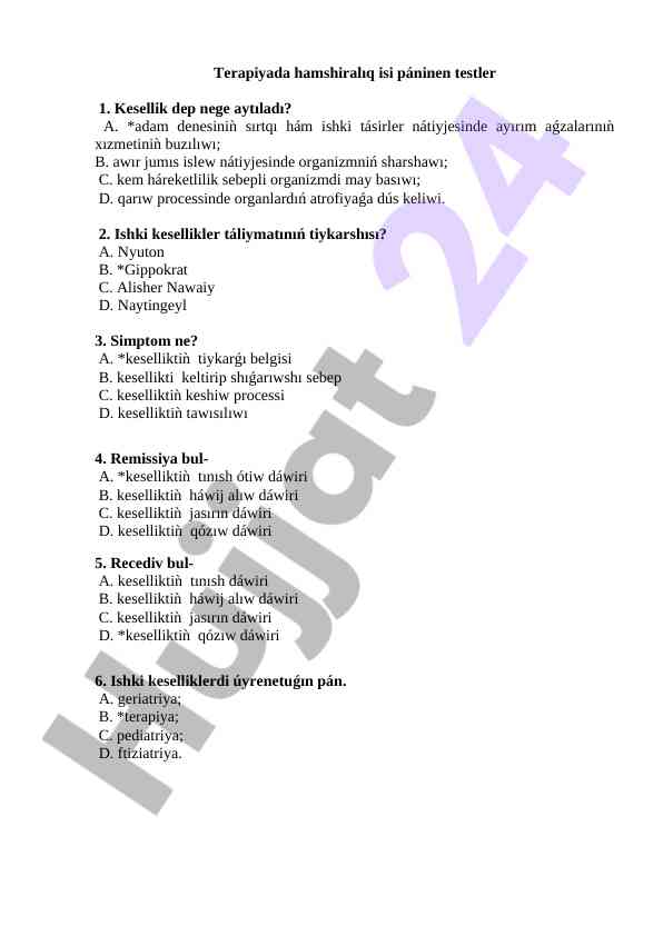 Terapiyada hamshiralıq üçün testlar masalalari