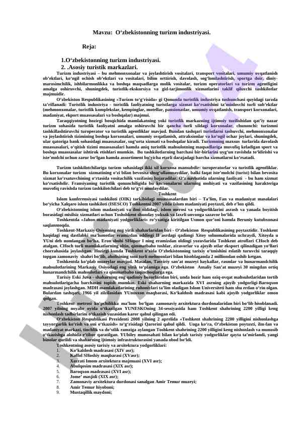 O‘zbekistonning turizm industriyasi