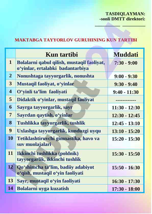 Maktabga tayyorlov guruhining kun tartibi