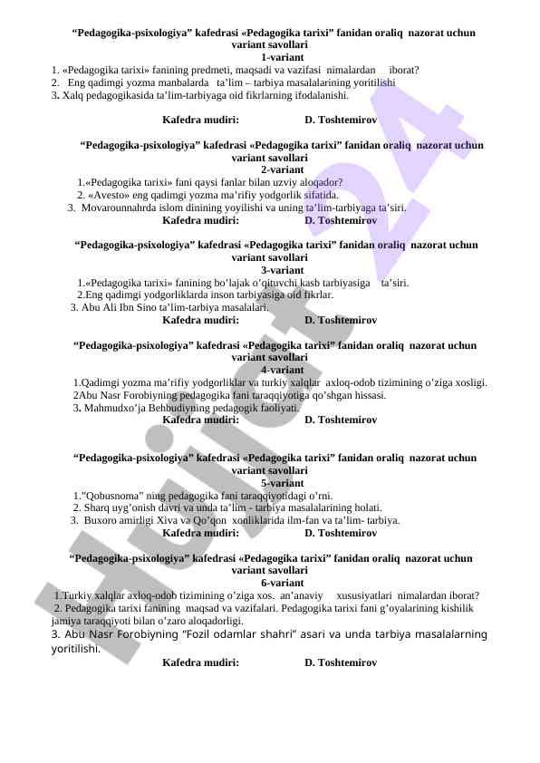 Pedagogika Tarixi Fanidan Oraliq Nazorat Savollari