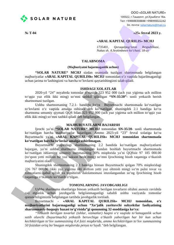 Shartnoma bajarilmaganligi haqida talabnoma yangiliklari