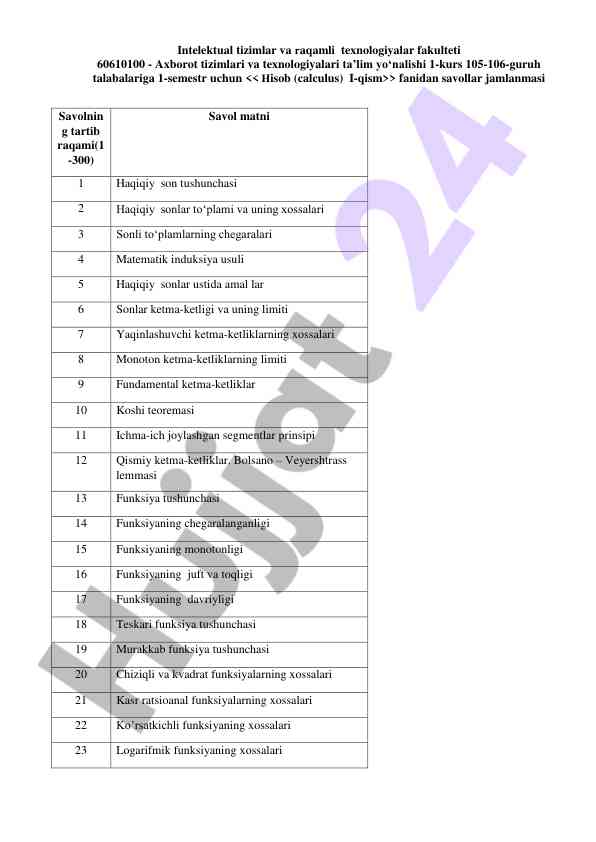 Hisob (calculus) i-qism fanidan savollar jamlanmasi