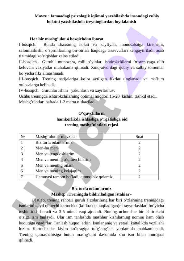 Inson ruhiy holatini yaxshilash bo‘yicha treninglar