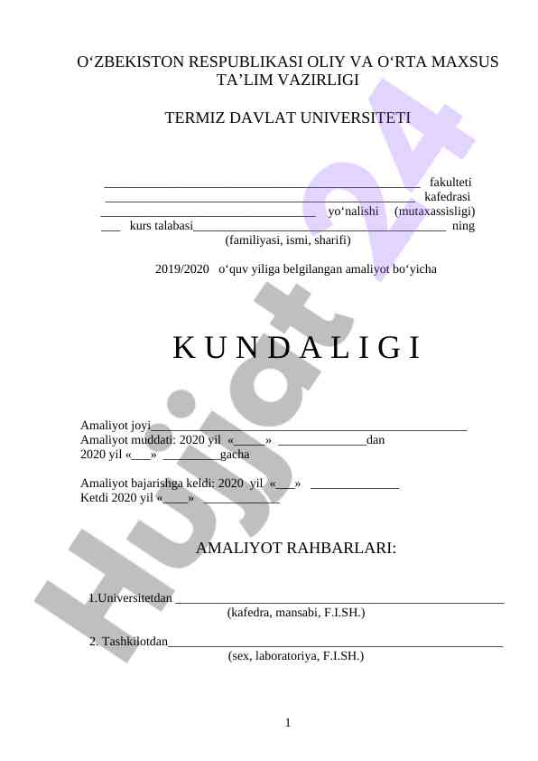 Amaliyot kundaligi 2019/2020 o‘quv yili uchun