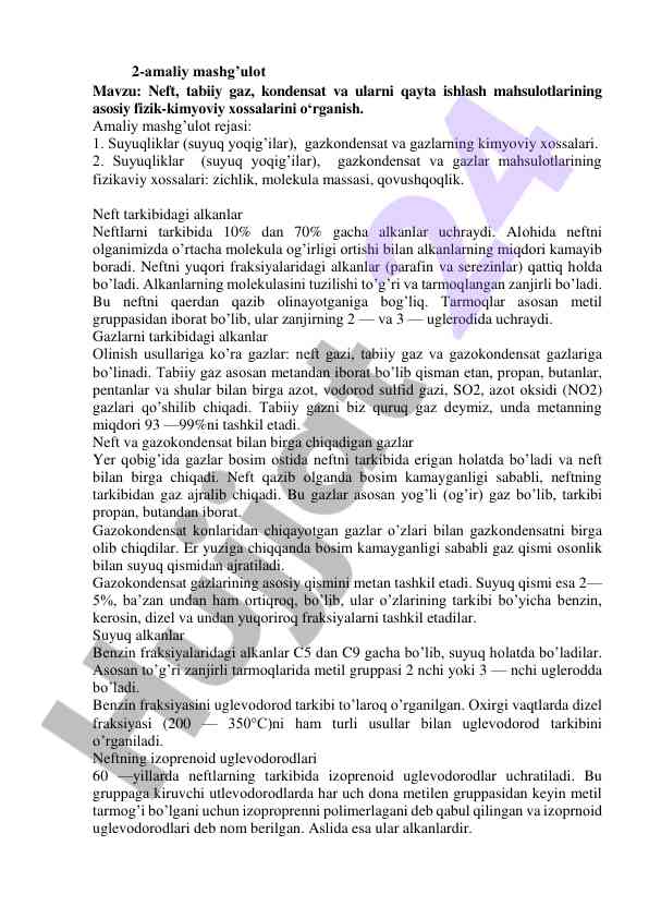 Neft va tabiiy gazning fizik-kimyoviy xossalari