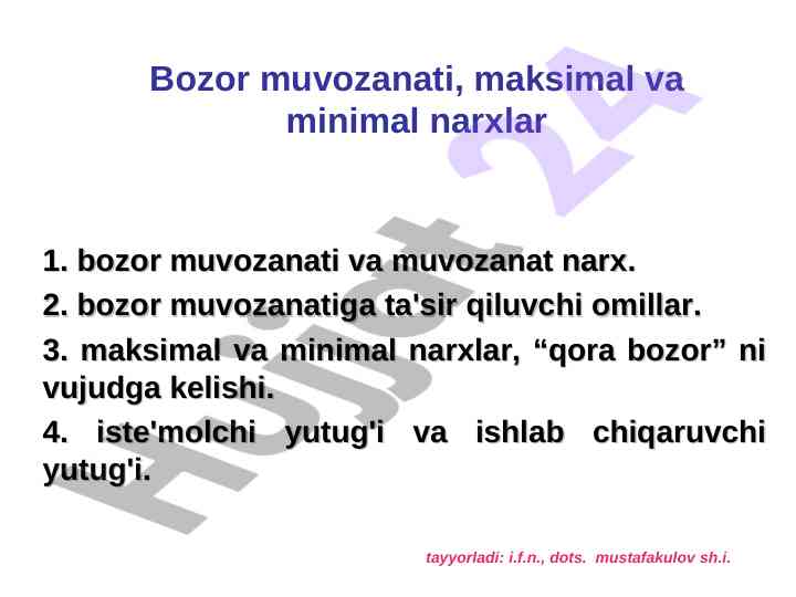 Bozor muvozanati va narxlarning asosiy omillari