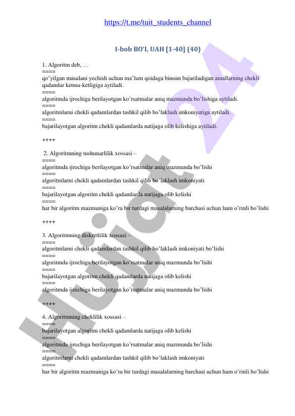 Algoritm tushunchasi va xossalari