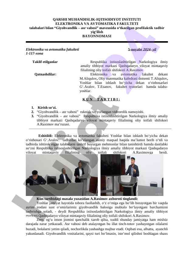 Giyohvandlik asr vabosi mavzusida profilaktik tadbir