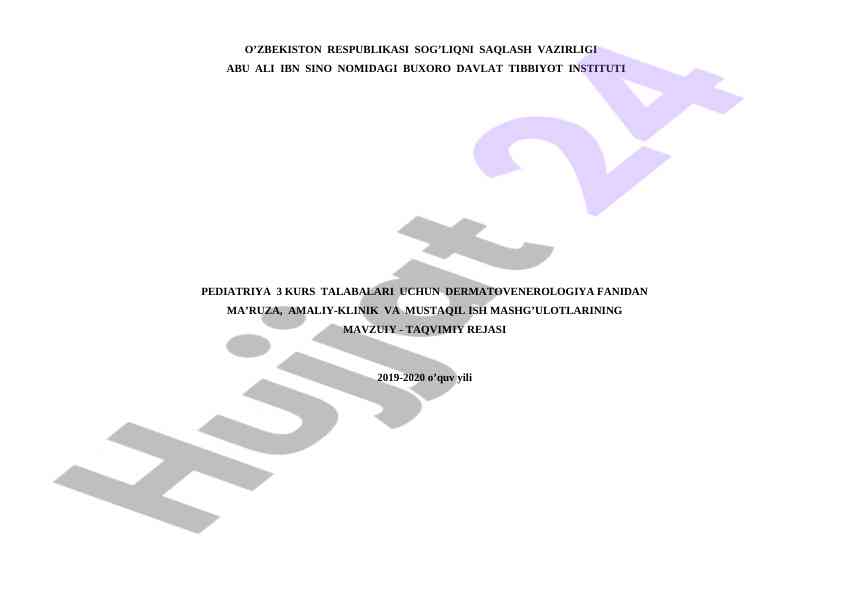 Dermatovenerologiya fanidan taqlimiy reja 2019-2020
