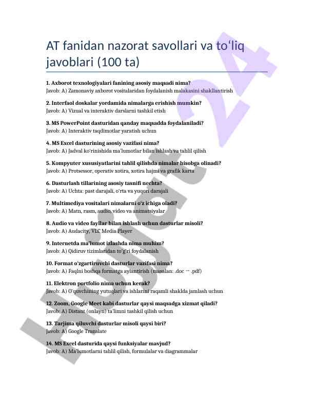 At fanidan nazorat savollari va javoblari