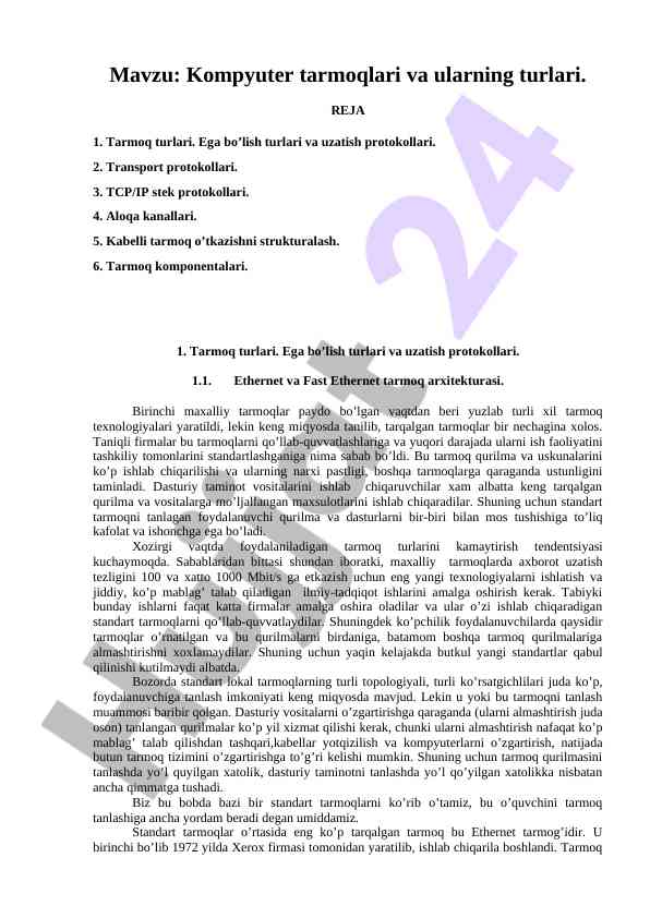 Kompyuter tarmoqlari va ularning turlari