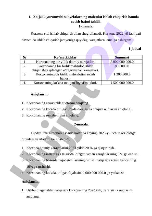 Mahsulot ishlab chiqarish hajmi tahlili