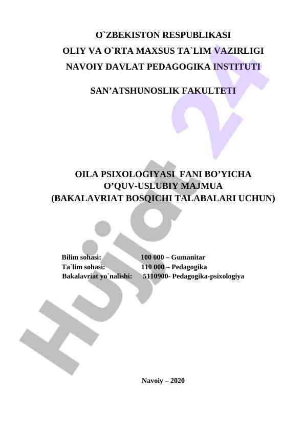 Oila psixologiyasi faniga o‘quv-uslubiy majmua
