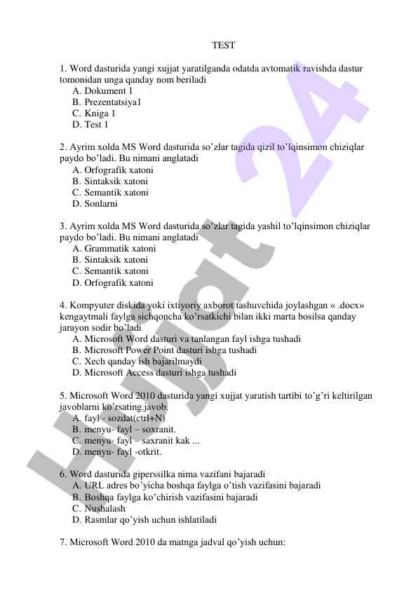 Ms word dasturi bo‘yicha test savollari