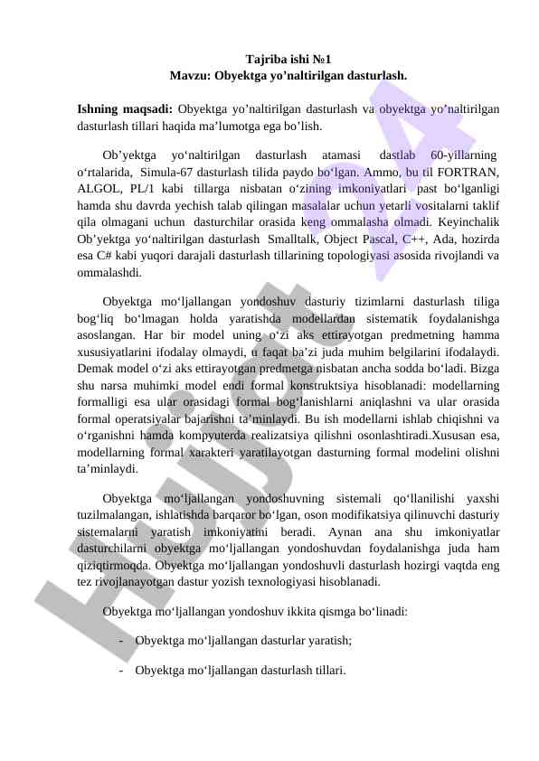 Obyektga yo’naltirilgan dasturlash haqida ma’lumot