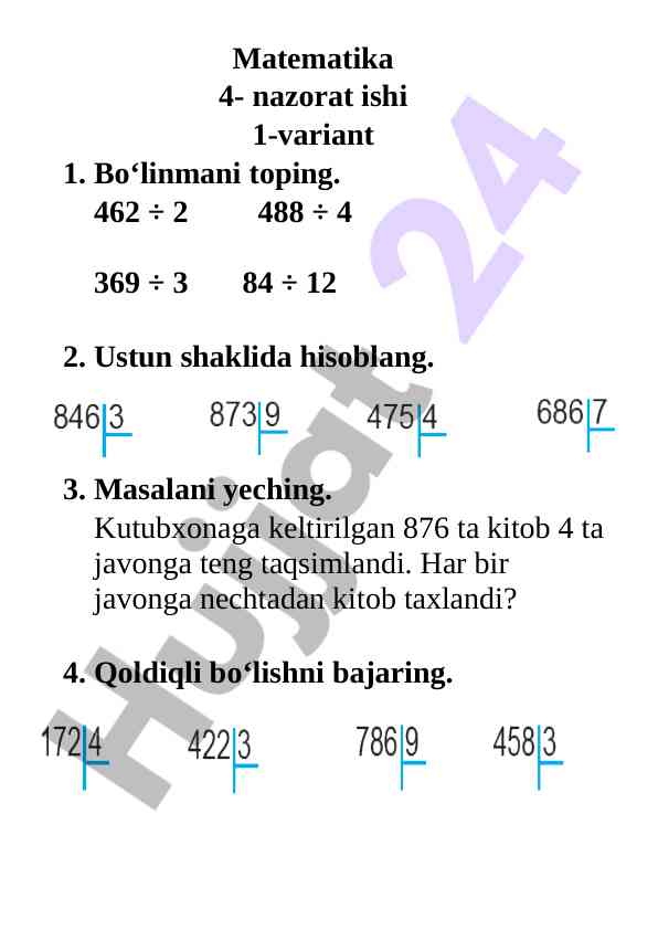Matematika nazorat ishi 1 va 2 variantlari