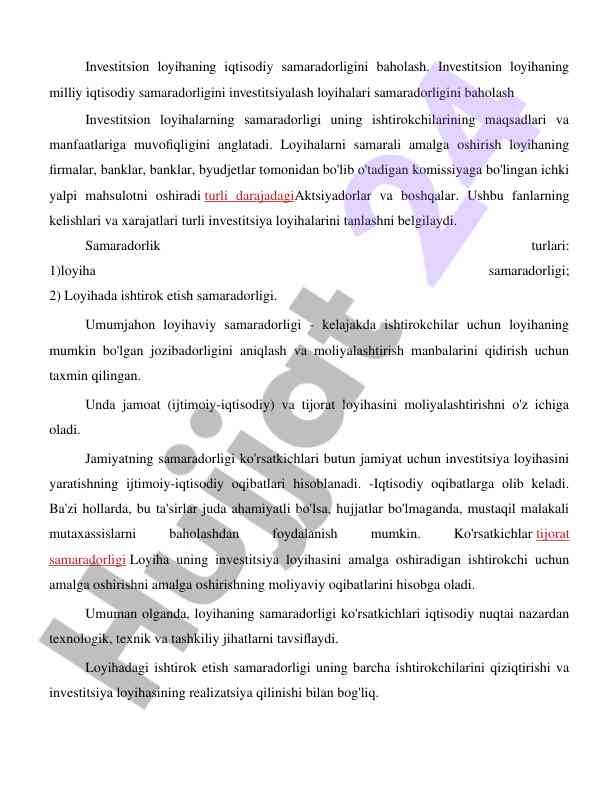 Investitsion loyihaning iqtisodiy samaradorligini baholash