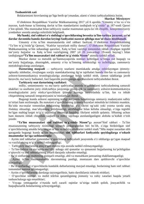 Tarbiyaviy soatlar mazmuni qayta ko'rib chiqish