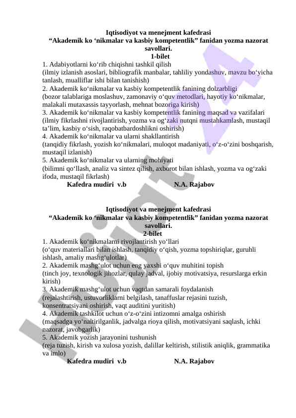 Akademik ko‘nikmalar va kasbiy kompetentlik savollari