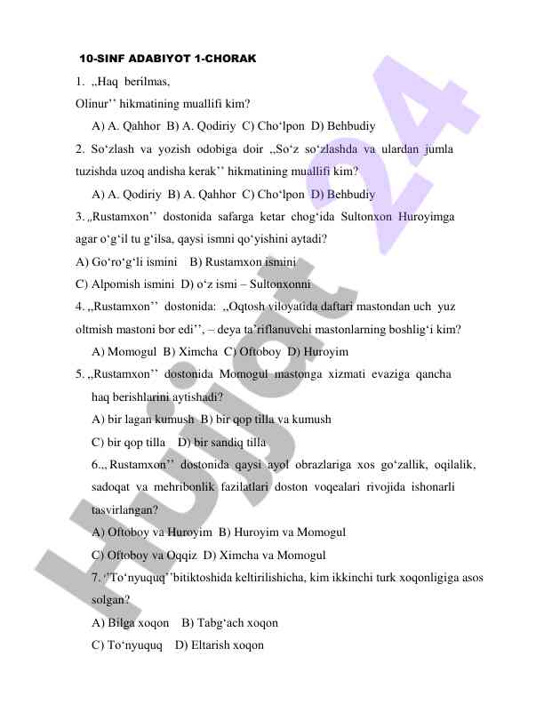 10-sinf adabiyot 1-chorak test savollari