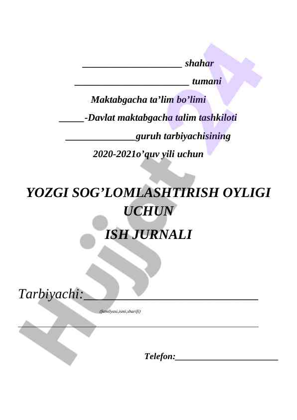Yozgi sog‘lomlashtirish oyligi uchun ish jurnali