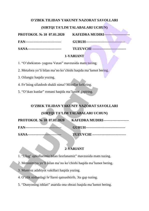 O'zbek tilidan yakuniy nazorat savollari