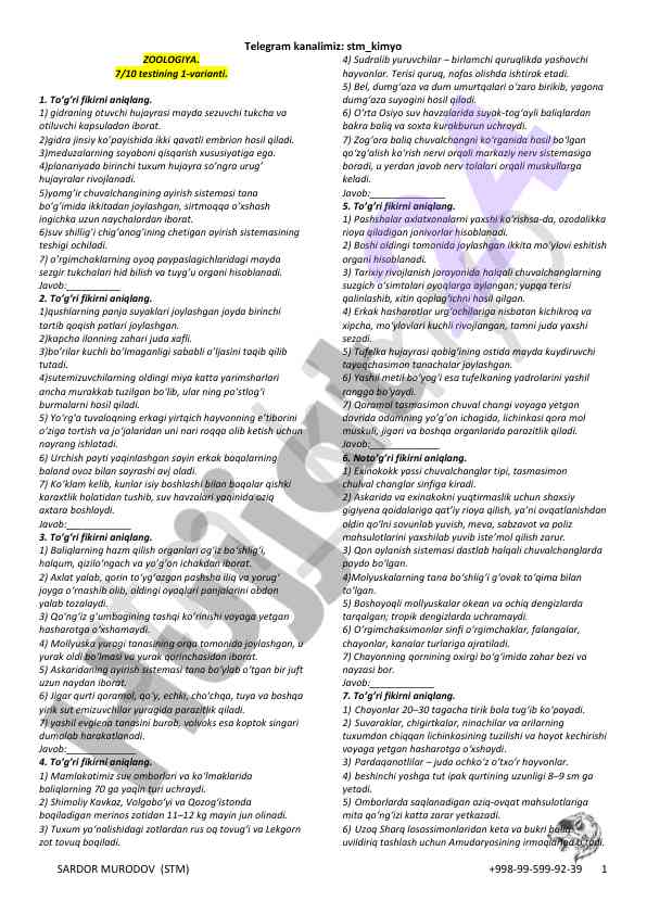 Zoologiya 7/10 testining 1-varianti