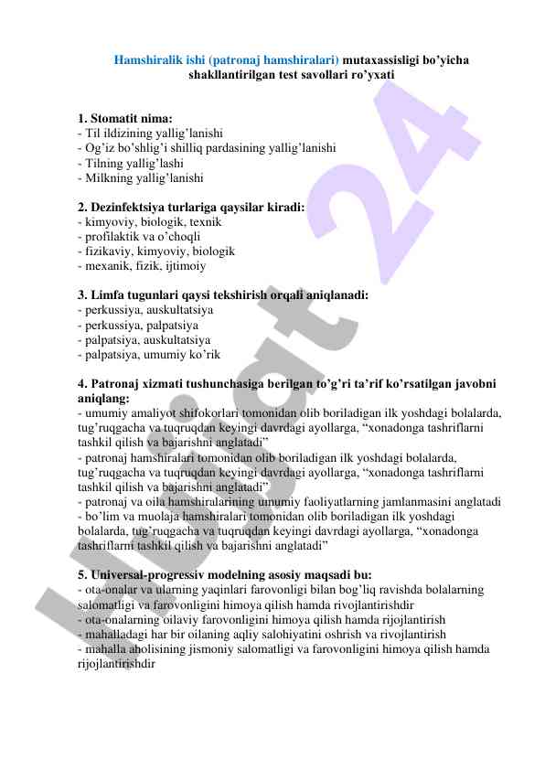 Patronaj hamshiraligi bo'yicha test savollari