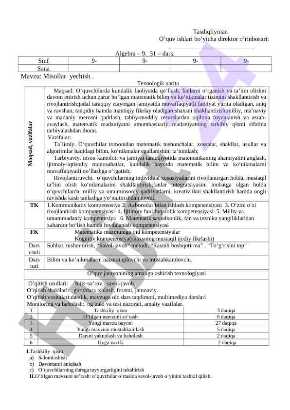Algebra - 9 sinfda misollar yechish dars rejasi