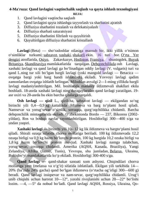 Qand lavlagini vaqtinchalik saqlash va qayta ishlash