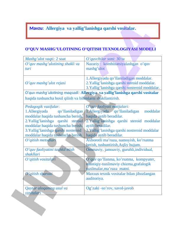 O‘quv mashg‘ulotining o‘qitish texnologiyasi modeli