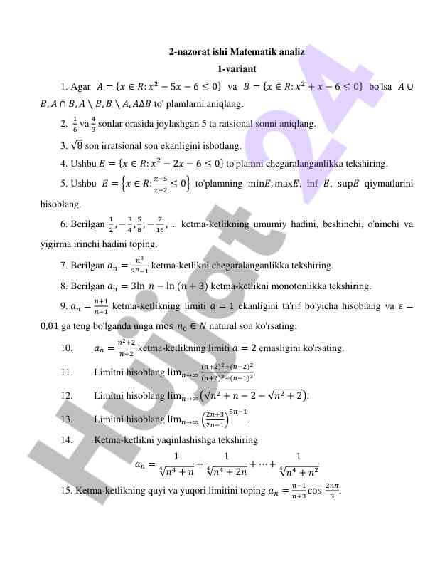 Matematik analiz nazorat ishlari va hisoblashlar