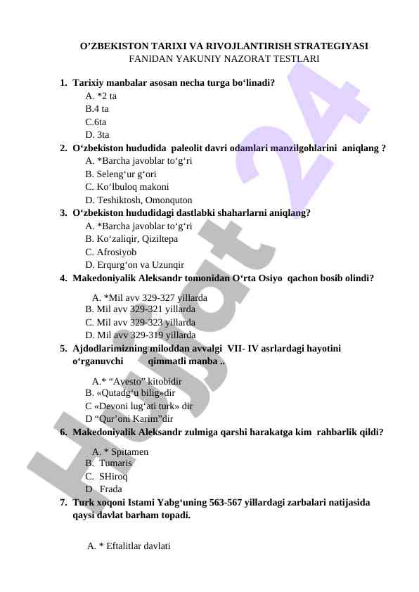 O‘zbekiston tarixi va rivojlantirish strategiyasi testlari