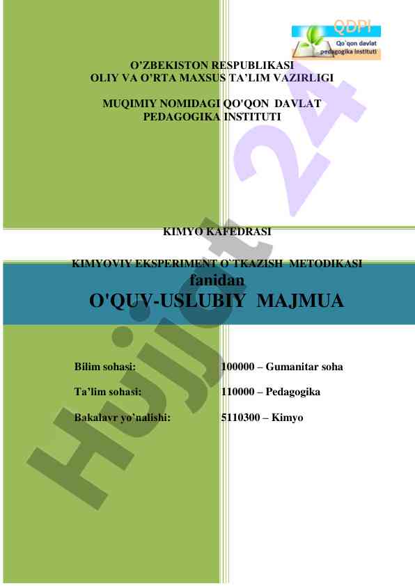 Kimyoviy eksperiment o'tkazish metodikasi qo'llanmasi