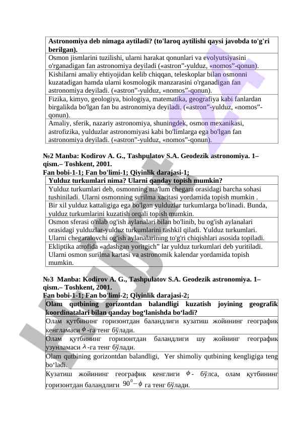 Geodezik astronomiya mavzusi bo'yicha manbalar