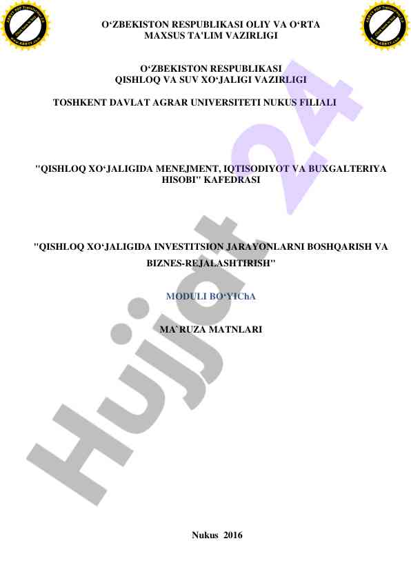 Qishloq xo'jaligida investitsion jarayonlarni boshqarish