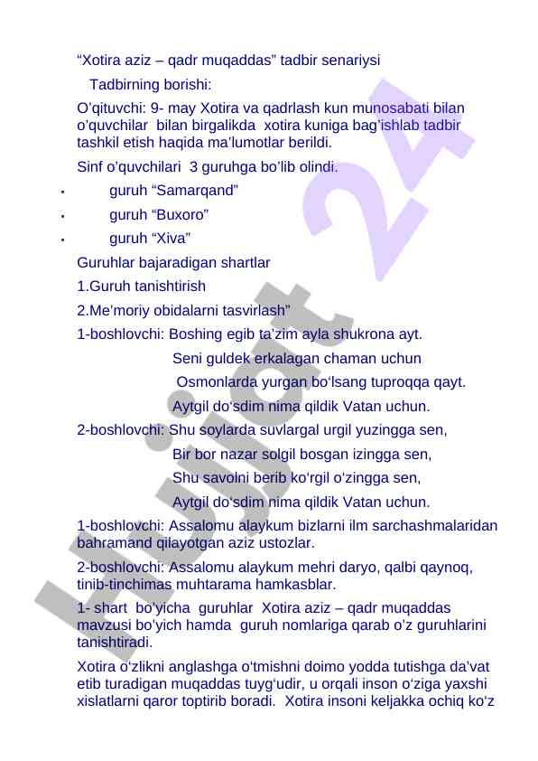 Xotira aziz – qadr muqaddas tadbir senariysi