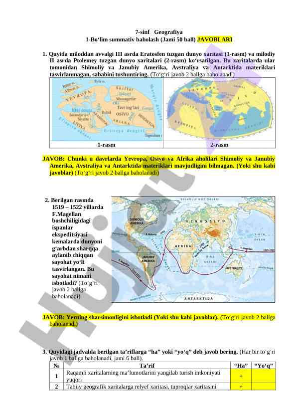 7-sinf geografiya 1-bo‘lim baholash o‘zgarishlari