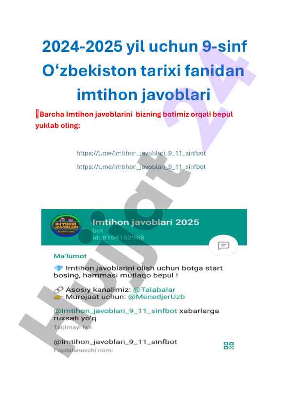 2024-2025 yil 9-sinf o'zbekiston tarixi imtihon javoblari